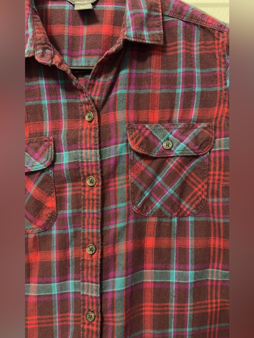 Eddie Bauer Burgundy, Red & Teal Plaid Button Shirt - Picture 4 of 6